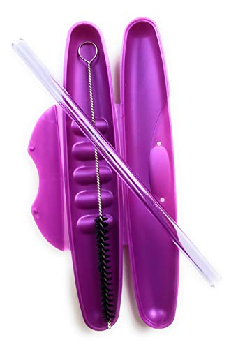 Product Cover Reusable Glass Drinking Straw with Travel To Go Protective Carrying Case Holder and Cleaning Brush | Perfect for Home, Office or Gift | Straight 8 in x 9.5 mm Healthy, BPA Free, Eco Friendly(Amethyst)