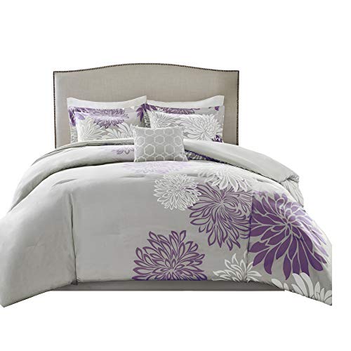 Product Cover Comfort Spaces Enya 5 Piece Comforter Set Ultra Soft Hypoallergenic Microfiber Floral Print Bedding, King, Purple/Grey