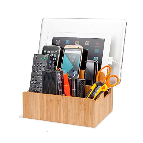 Product Cover Bamboo Charging Station Organizer with Extension Extra Storage for Smartphones, Tablets, iPhone iPad, Samsung Devices Macbooks Laptops remotes & More