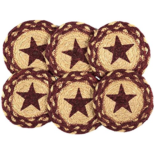 Product Cover VHC Brands Classic Country Primitive Tabletop & Kitchen-Burgundy Tan Jute Red Stencil Star Coaster Set of 6, 4 inches Diameter