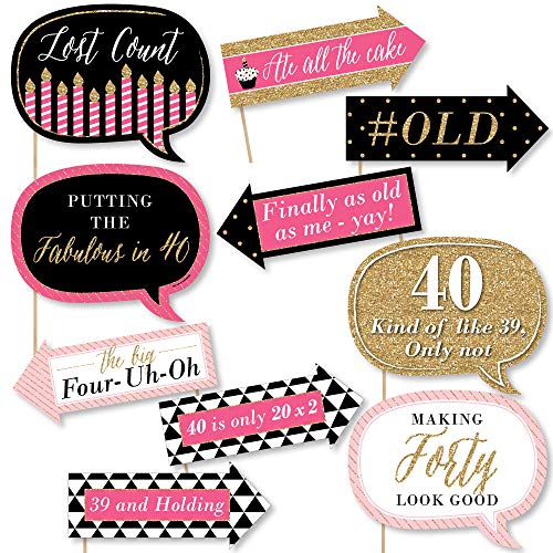 Product Cover Big Dot of Happiness Funny Chic 40th Birthday - Pink, Black and Gold - Birthday Party Photo Booth Props Kit - 10 Piece