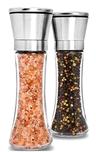 Product Cover Premium Stainless Steel Salt and Pepper Grinder Set of 2 - Adjustable Ceramic Sea Salt Grinder & Pepper Grinder - Tall Glass Salt and Pepper Shakers - Pepper Mill & Salt Mill with Free Funnel & EBook