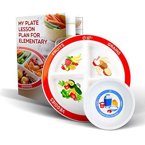 Product Cover Health Beet Portion Plate Choose MyPlate for Kids - Kids Plates with Dividers and Nutrition Portions Plus Dairy Bowl - Includes Elementary Healthy Eating Lesson Plan for Teachers (1 Plate, 1 Bowl)