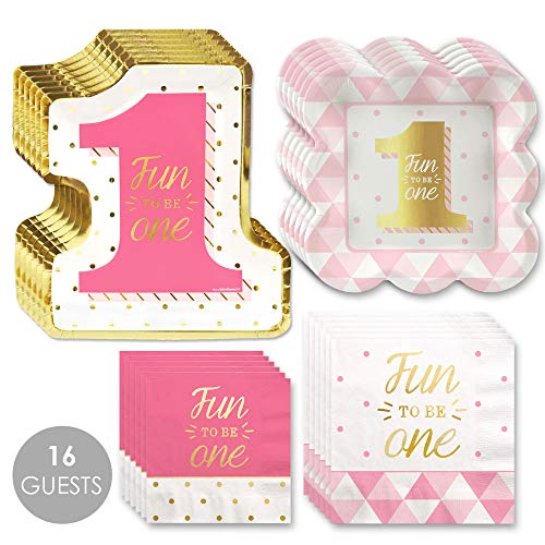 Product Cover Big Dot of Happiness Fun to be One - 1st Birthday Girl with Gold Foil - Party Tableware Plates, Napkins - Bundle for 16