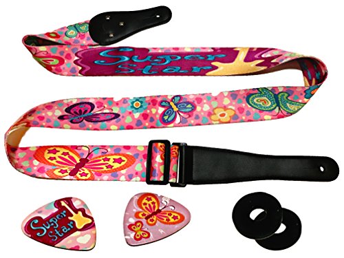 Product Cover Pink Guitar Strap Adjustable For Kids & Girls Bundle Includes 2 Strap Locks & 2 Matching Picks- For Electric & Acoustic First Act Discovery & Guitar Lovers. [NEW UPDATED VERSION]