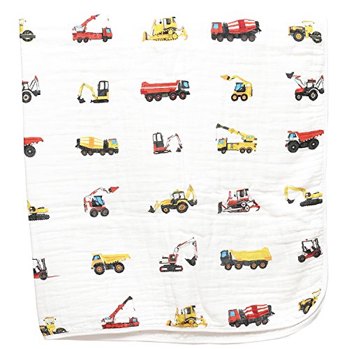 Product Cover 100% Organic Muslin Everything Blanket by ADDISON BELLE - Oversized 47 inches x 47 inches - Best Baby/Toddler Gift - Premium 4 Layer Muslin Blanket/Dream Blanket (Construction Trucks Print)