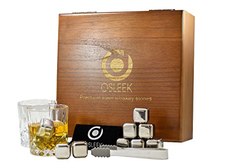 Product Cover Whiskey Stones - Gift Set of 8 Stainless Steel Chilling Rocks, 2 Large Glasses, Tong, Velvet Freezing Bag And Luxury Wood Handmade Display Box | Osleek Business Class Edition