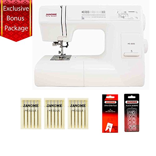 Product Cover Janome HD3000 Heavy Duty Sewing Machine w/Hard Case + Ultra Glide Foot + Blind Hem Foot + Overedge Foot + Rolled Hem Foot + Zipper Foot + Buttonhole Foot + Leather and Universal Needles + More!
