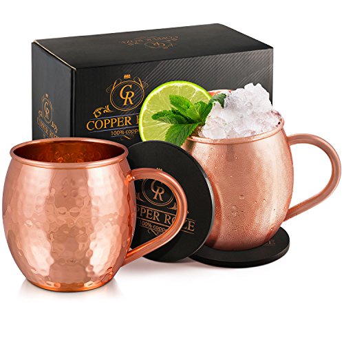 Product Cover Copper Roze Moscow Mule Copper Mugs Gift Set of 2 Copper Mule Mugs and 2 Coasters, 100% Pure Solid Copper Cups with Hammered Finish
