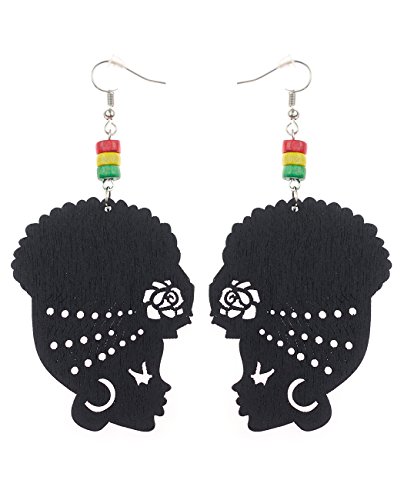 Product Cover Wooden Flower Turban African Woman Head and Bead Dangle Hook Earrings