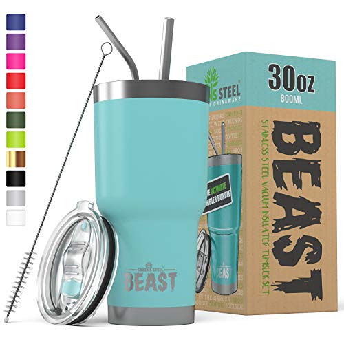 Product Cover BEAST 30 oz Teal Tumbler Stainless Steel Insulated Coffee Cup with Lid, 2 Straws, Brush & Gift Box by Greens Steel (30oz, Aquamarine Blue)