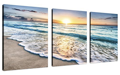 Product Cover QICAI 3 Panel Canvas Wall Art for Home Decor Blue Sea Sunset White Beach Painting The Picture Print On Canvas Seascape the Pictures For Home Decor Decoration,Ready to Hang
