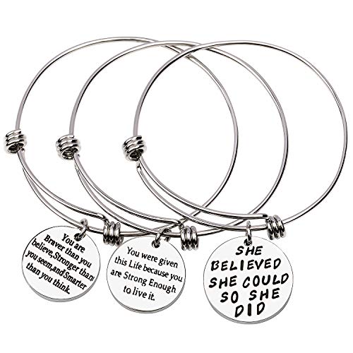 Product Cover 3 Sets Silver Plated Stainless Steel Metal Engraved Motivational Round Charm Pendant Adjustable Bracelets
