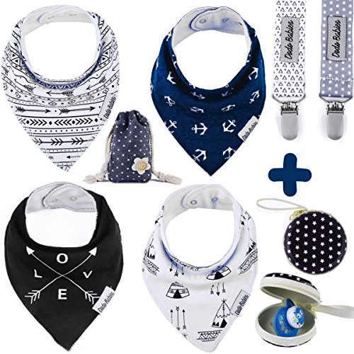 Product Cover Baby Bandana Drool Bibs by Dodo Babies + 2 Pacifier Clips + Pacifier Case in a Gift Bag, Pack of 4 Premium Quality For Boys or Girls , Excellent Baby Shower / Registry Gift