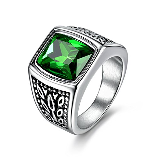 Product Cover MASOP Jewelry Men's Stainless Steel Wide Identify Ring Green Emerald Color Square Stone