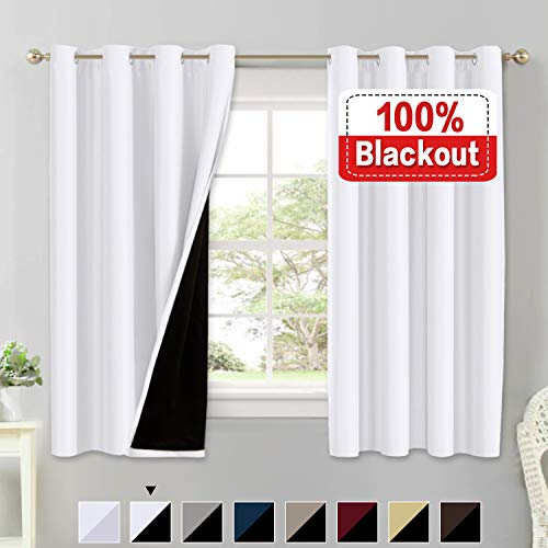 Product Cover Flamingo P 100% Blackout White Curtains for Bedroom Thermal Insulated Energy Saving Blackout Curtains 63 Length Double Layer Lined Curtains Window Treatment Panels Set of 2, Grommet Top, White