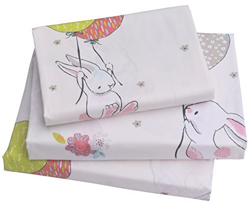 Product Cover J-pinno Cute Cartoon Rabbit Bunny Twin Sheet Set for Kids Girl Children,100% Cotton, Flat Sheet + Fitted Sheet + Pillowcase Bedding Set