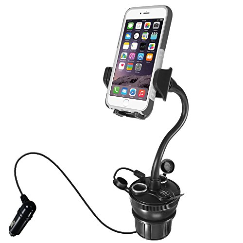 Product Cover Macally Car Cup Holder Phone Mount with Two High Powered USB Charging Ports 4.2A 21W, 2 Cigarette Lighter Sockets, & 8
