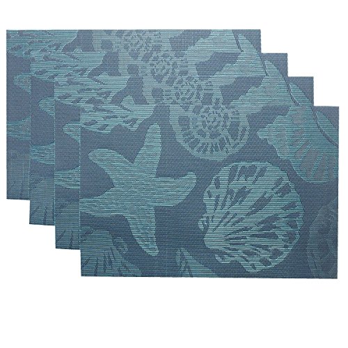 Product Cover Doupoo Sea Place Mats Beach Theme,Heat Resistant Placemats for Dining Table Mats Set of 4 - Nautical Blue Reversible Placemats Starfish Seashell Conch