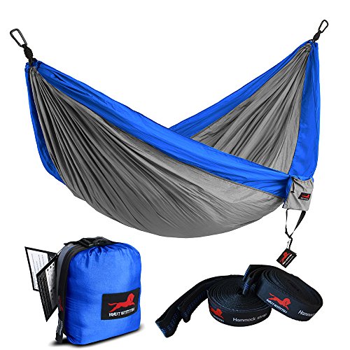 Product Cover HONEST OUTFITTERS Single Camping Hammock with Basic Hammock Tree Straps,Portable Parachute Nylon Hammock for Backpacking Travel Royal/Grey 55
