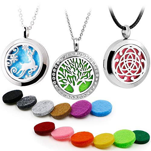 Product Cover 3PCS Aromatherapy Essential Oil Diffuser Locket Pandent Necklaces Mixed Style Tree of Life-Reindeer-Celtic Diffuser Necklace +12 Color Felt Pads