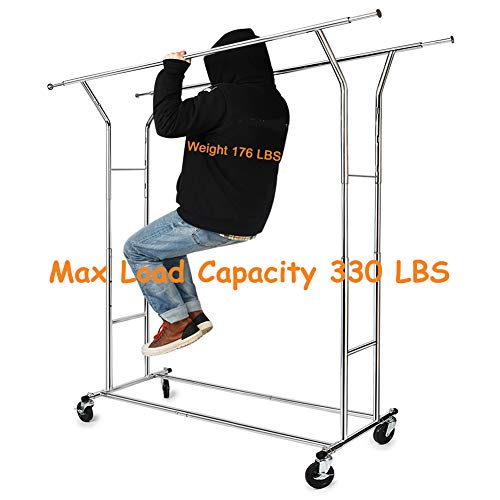 Product Cover HOKEEPER 330 Lbs Load Capacity Commercial Grade Clothing Garment Racks Heavy Duty Double Rails Adjustable Collapsible Rolling Clothes Rack, Chrome Finish