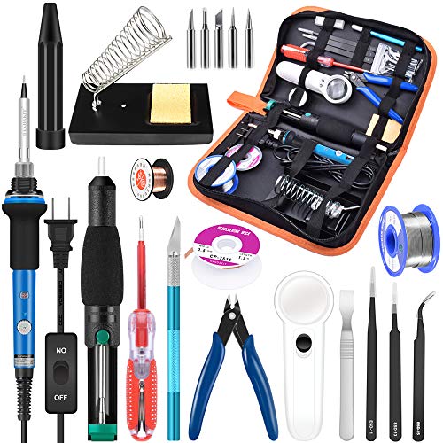 Product Cover handskit Soldering Iron Kit, Soldering Iron, 60w 110v Soldering Equipment with Adjustable Temperature Welding Tool and 5pcs Iron Tips, Solder Sucker, Soldering Iron Stand, Solder Wire, Tweezer
