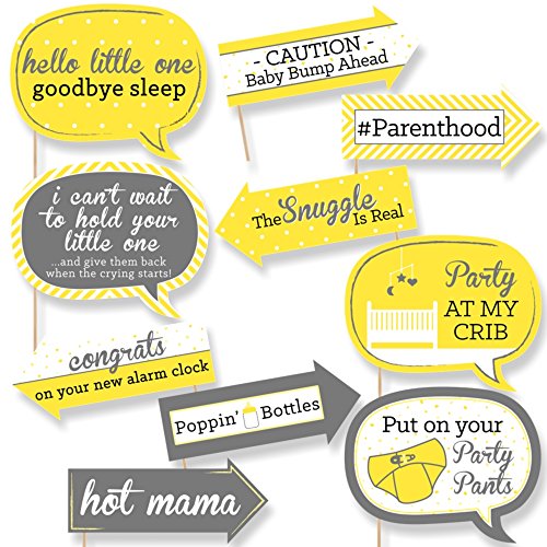 Product Cover Big Dot of Happiness Funny Yellow and Gray - Hello Little One - Baby Shower Photo Booth Props Kit - 10 Piece