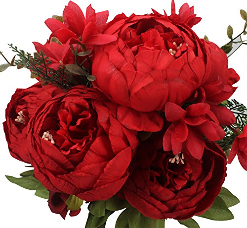 Product Cover Duovlo Springs Flowers Artificial Silk Peony Bouquets Wedding Home Decoration,Pack of 1 (Spring Red)