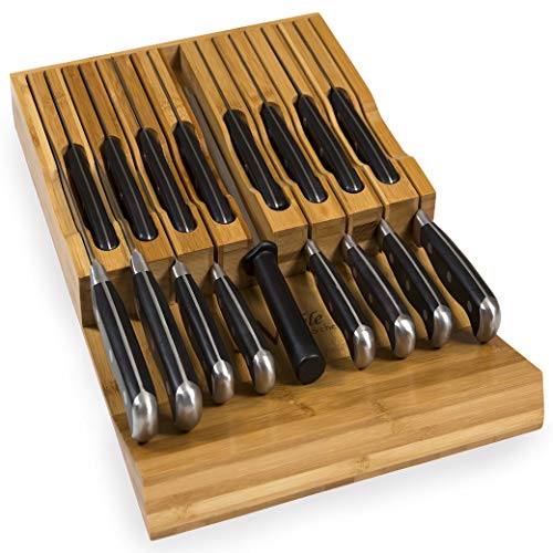 Product Cover In-Drawer Bamboo Knife Block Holds 16 Knives (Not Included) Without Pointing Up PLUS a Slot for your Knife Sharpener! Noble Home & Chef Knife Organizer Made from Quality Moso Bamboo
