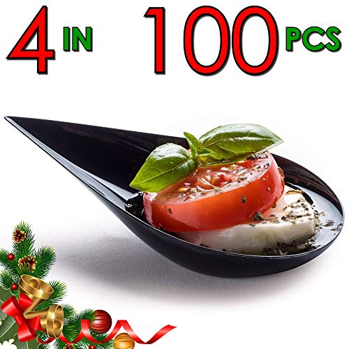 Product Cover DLux 100 4-in Tear Drop Mini Appetizer Plates, Black Plastic Spoons - Desserts and Appetizers Dishes Serving Plate - Disposable Asian Spoon Set, Small Catering Dessert Tasting Cups - with Recipe Ebook