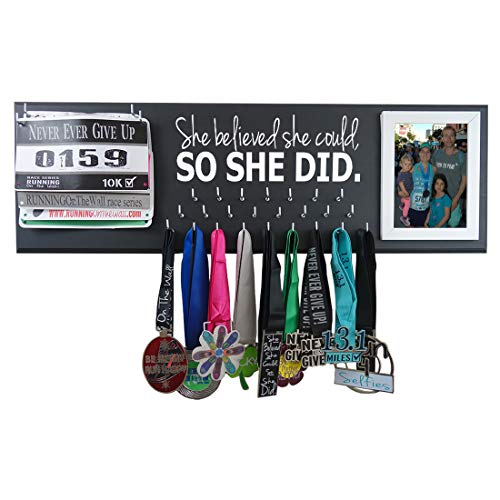 Product Cover Running On The Wall - Race bib Numbers and Medals Display - Wall Mounted Medal Holder and Hanger for Marathons, Track, Cross Country, 5K & 10K Runners - She Believed She Could, So She Did
