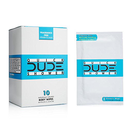 Product Cover DUDE Shower Body Wipes 10 Count Wet Wipes Individually Wrapped for Travel Unscented Naturally Soothing Aloe and Hypoallergenic, Portable Travel-Sized Individual Cleansing Cloths for Men
