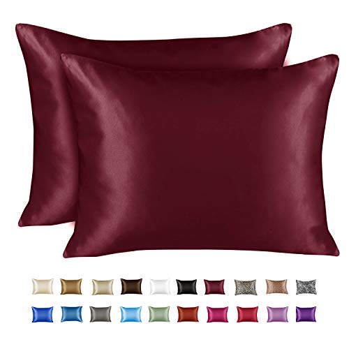 Product Cover ShopBedding Luxury Satin Pillowcase for Hair - Standard Satin Pillowcase with Zipper, Burgundy (Pillowcase Set of 2) - Blissford