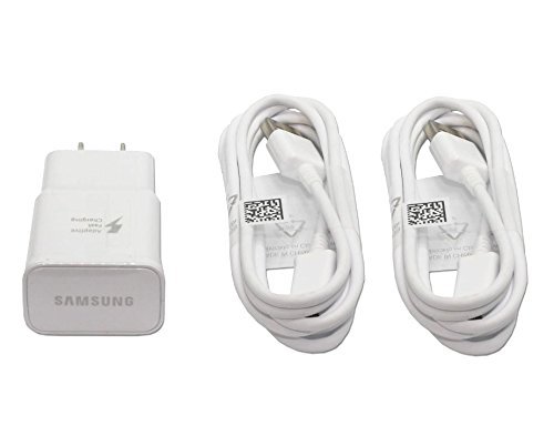 Product Cover Genuine OEM Samsung Adaptive Fast Charging White Charger EPTA20JWE EP-TA20JWE with TWO (2) USB Cable ECB-DU4EWE ECBDU4EWE for Galaxy Note4, Note Edge and S6 in Non-Retail Pack