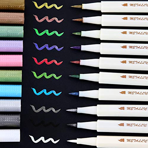 Product Cover Metallic Markers Glitter Paint Pen Calligraphy Brush Pens, Ohuhu Set of 10 Window Marker for DIY Birthday Greeting Gift Thank You Card, Scrapbook Photo Album Valentine's Day Back To School Gift