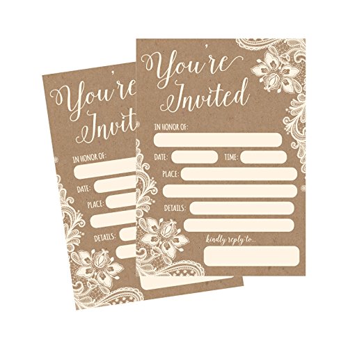 Product Cover 50 Fill In Invitations, Burlap and Lace, Kraft, Wedding Invitations, Bridal Shower Invitations, Rehearsal Dinner, Dinner Invites, Baby Shower Invite, Bachelorette Party Invites, Engagement, Graduation