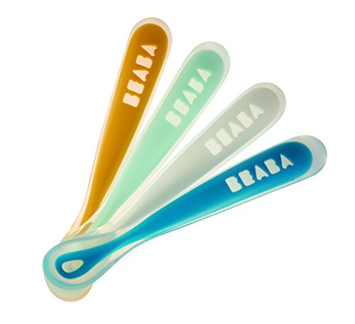 Product Cover BEABA First Stage Baby Feeding Spoon Set, THE ORIGINAL Soft Tip Silicone Spoons for Babies, Gum Friendly BPA Lead Phthalate and Plastic Free, Great Gift Set (4 Pack), Peacock