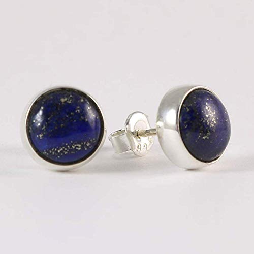 Product Cover Women's 925 Sterling Silver Round Navy Blue Natural Lapis Lazuli Handmade 9mm Stud Earrings