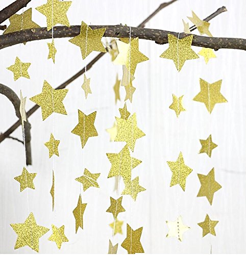 Product Cover Christmas Gold Glittery Star Garland Decoration 5 Meters Elegant Shiny and Sparkling 16 Feet Long Party Background Decor. Ideal For Weddings, Birthday Parties, Bridal Showers, Holidays, Baby Showers.