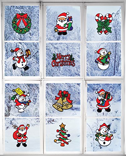 Product Cover Giraffe Manufacturing Christmas Decorations - Holiday Window Sticker Clings - 12 Pack - Santa Claus, Snowman & Many More