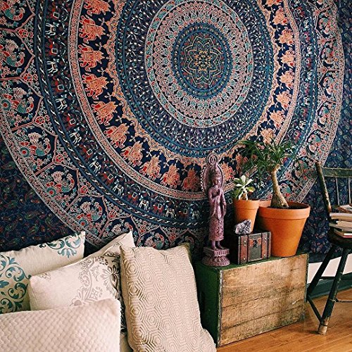 Product Cover Marubhumi Hippy Mandala Bohemian Tapestry, Indian Dorm Decor, Psychedelic Tapestries Wall Hanging Ethnic Decorative Tapestry (84 x 90 Inches, Neavy Blue Tarquish)