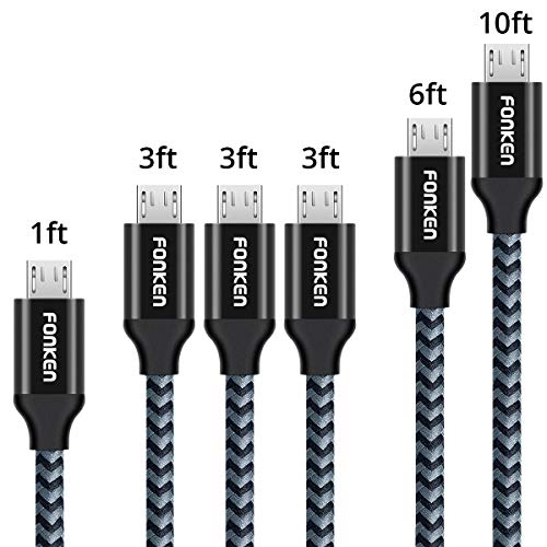 Product Cover Micro USB Cable, FONKEN USB to Micro USB Cable [6-Pack, 1FT 3.3FTx3 6.6FT 10FT] Nylon Braided USB 2.0 Fast Data Sync & Charging Cord for Compatible Samsung, Kindle, HTC, LG, Sony, Nexus, Nokia (Black)