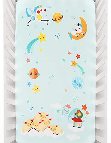 Product Cover Rookie Humans Cotton Sateen Crib Sheet: Lil' Lamb's Dream - Planets, Star, Space, Lamb, Elephant, Unicorn Standard Size (52