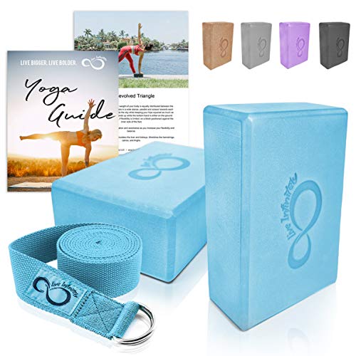 Product Cover Premium Yoga Blocks & Metal D Ring Strap Yogi Set (3PC) 2 Pack High Density EVA Foam Blocks to Support & Deepen Poses, Improve Strength, Flexibility & Balance - Lightweight, Odor & Moisture Resistant