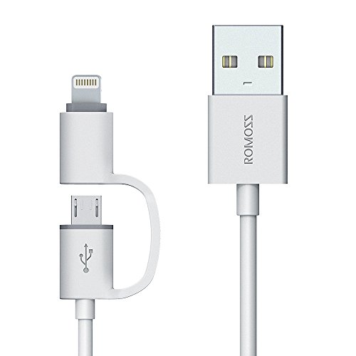 Product Cover ROMOSS 2-in-1 iPhone and Android Charging Cable, Durable USB Data Sync and Charging Cable Cord for iPhone 8/8 Plus/X/7/7 Plus/SE/6/6 Plus/6S/6S Plus/5/5C/5S,iPad, Samsung and Android (3.3 FT, Grey)