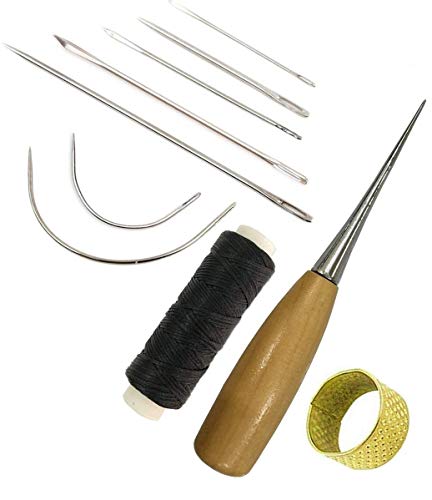 Product Cover 7 Pieces Curved Upholstery Hand Sewing Needles Sewing Needles with Leather Waxed Thread Cord Drilling Awl and Thimble for Leather Repair (1 Black Leather Waxed Thread Cord)