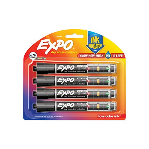 Product Cover EXPO Dry Erase Markers with Ink Indicator, Chisel Tip, Black, 4 Pack