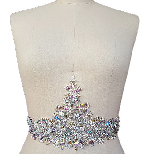 Product Cover New Exquisite Pure Handmade AB Colour Bright Crystal Patches Sew-on Rhinestones Applique with Stones Sequins Beads for Wedding Dress DIY Manual Accessories Belt Waist Decoration 18x39cm (AB)