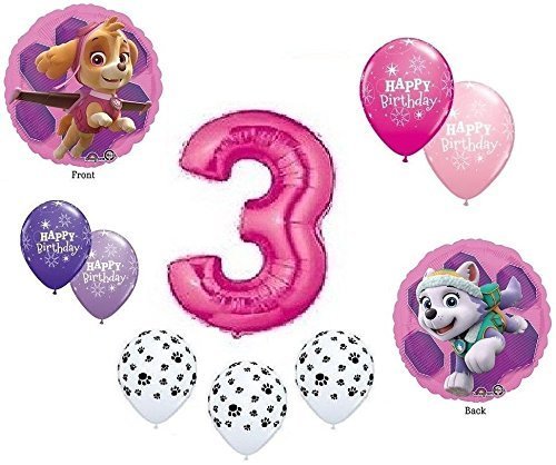 Product Cover GIRL'S PAW PATROL Dog 3rd #3 THIRD Pink 10 Piece Birthday Party Mylar Latex Balloons Set...Plus (1) 66' Roll of Curling Balloon Ribbon